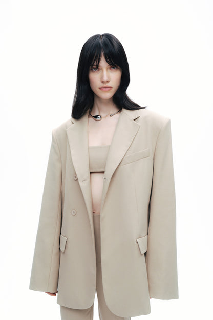 Beige Oversized Padded Blazer Jacket