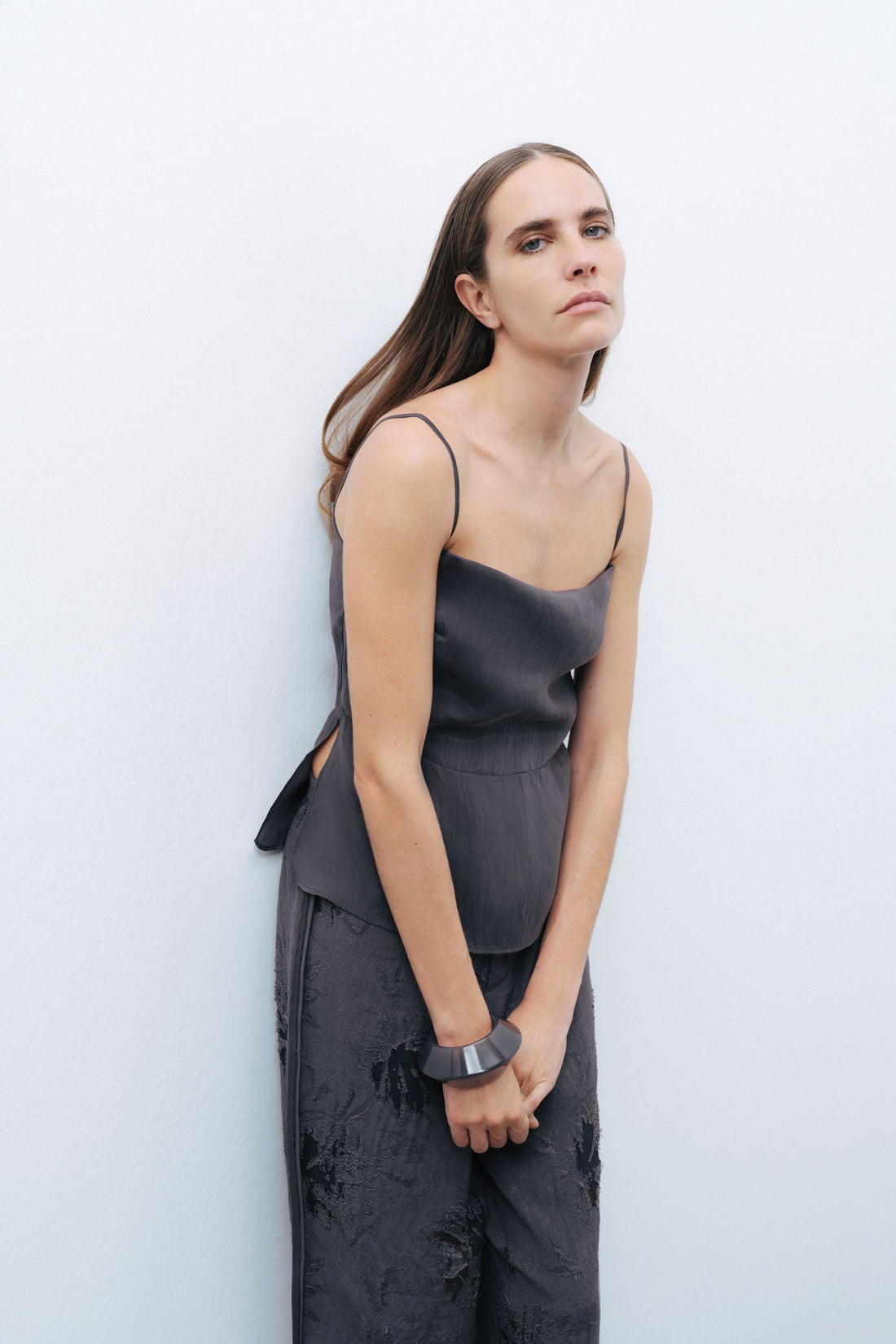 Anthracite Slit Strap Draped Blouse