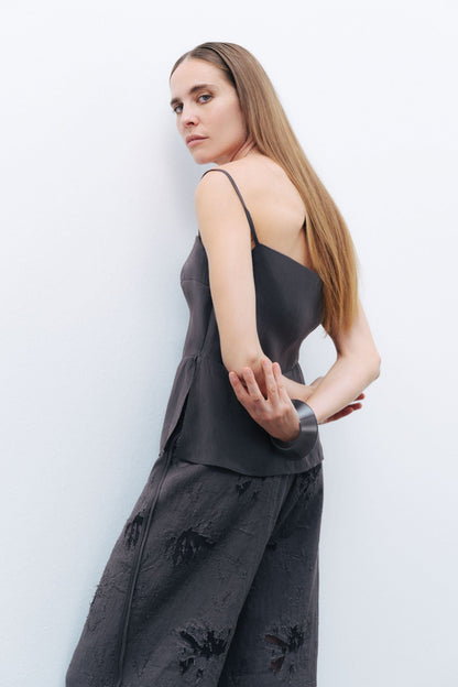 Anthracite Slit Strap Draped Blouse
