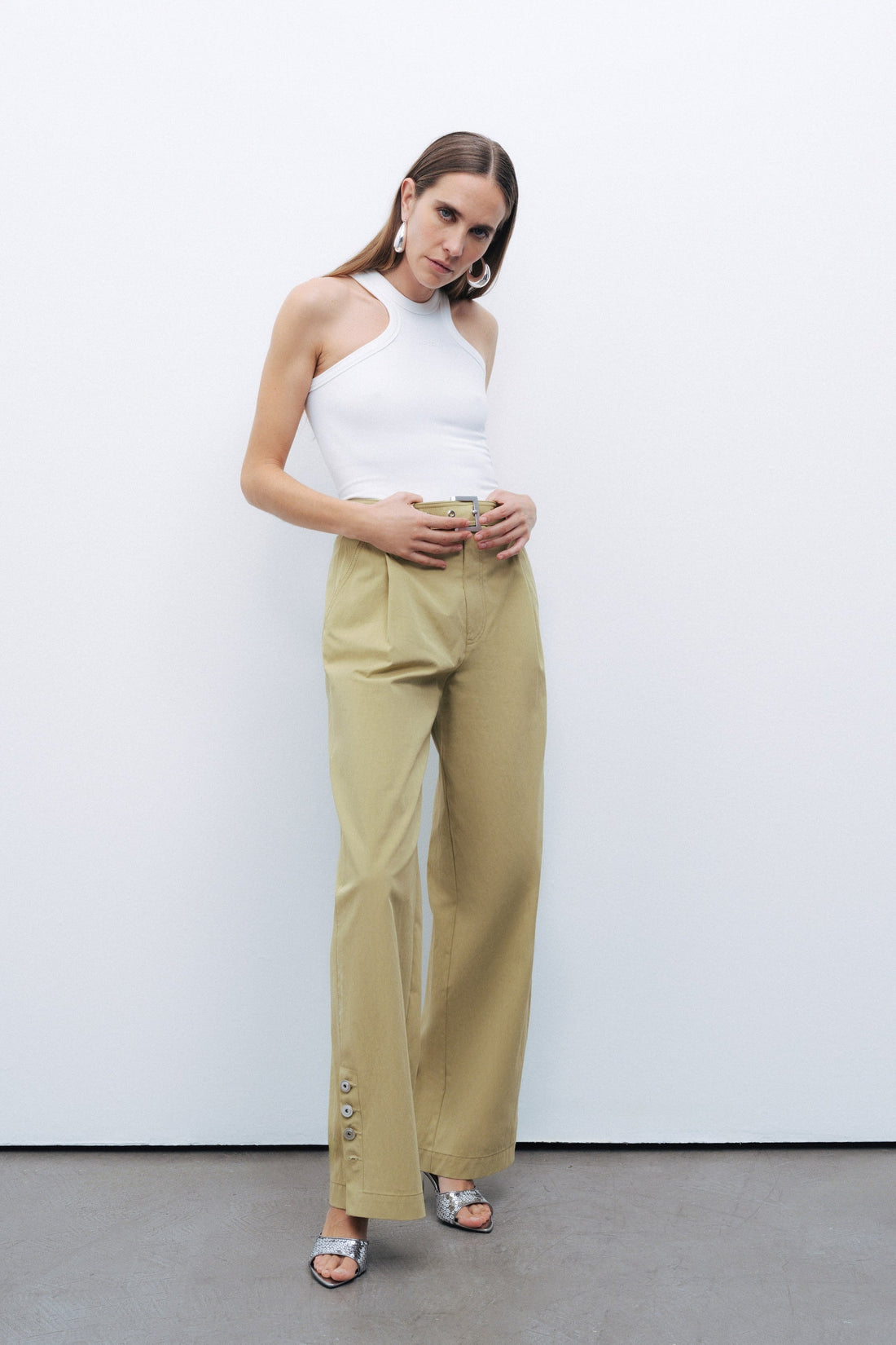 Metal Buckle Detailed Belted Pants