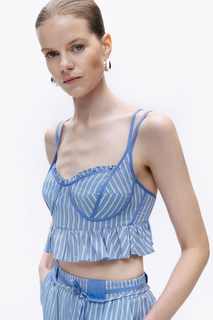 Blue Striped Ruffle Crop Top