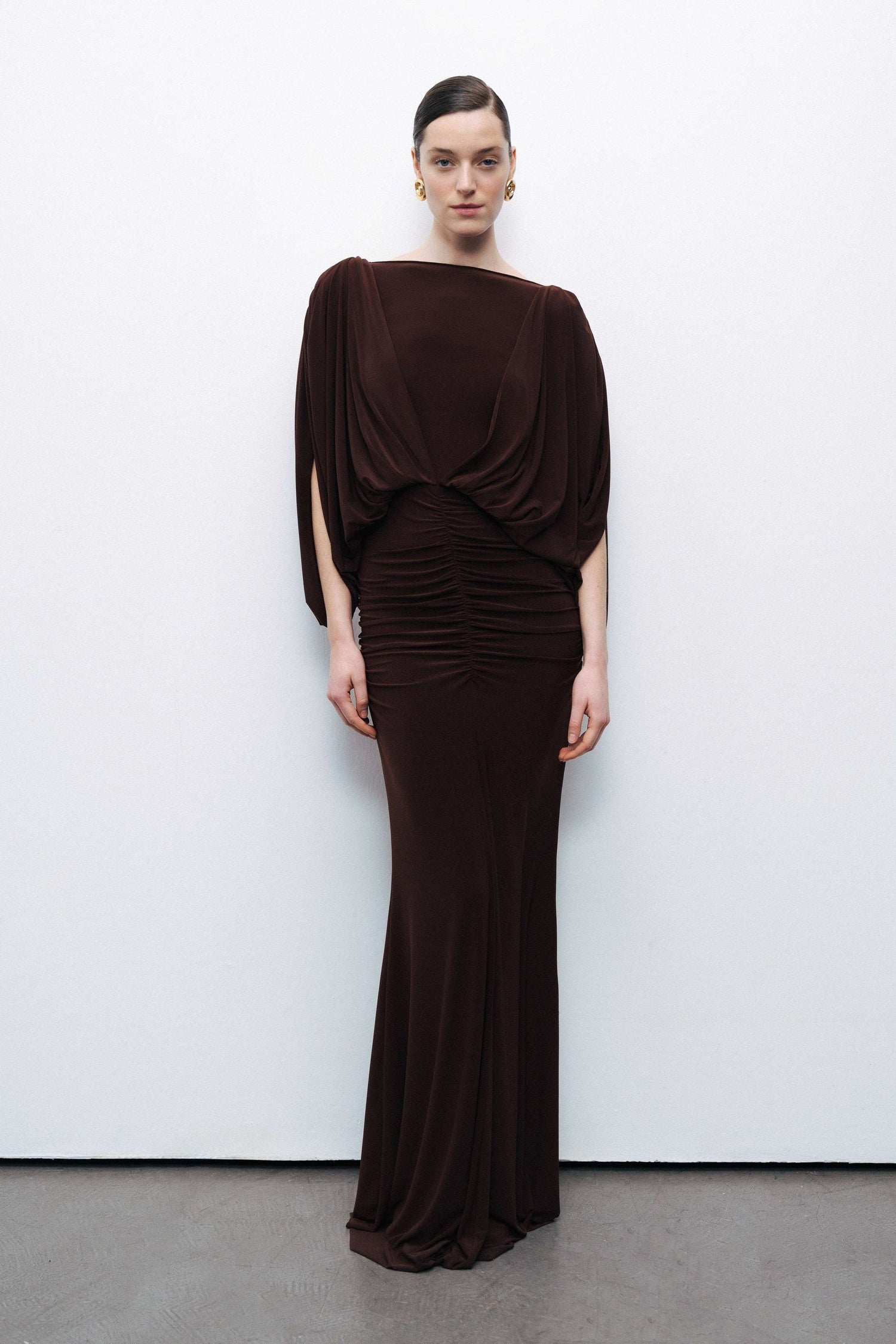 Coffee Boat Neck Draped Maxi Dress