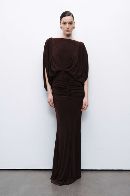 Coffee Boat Neck Draped Maxi Dress