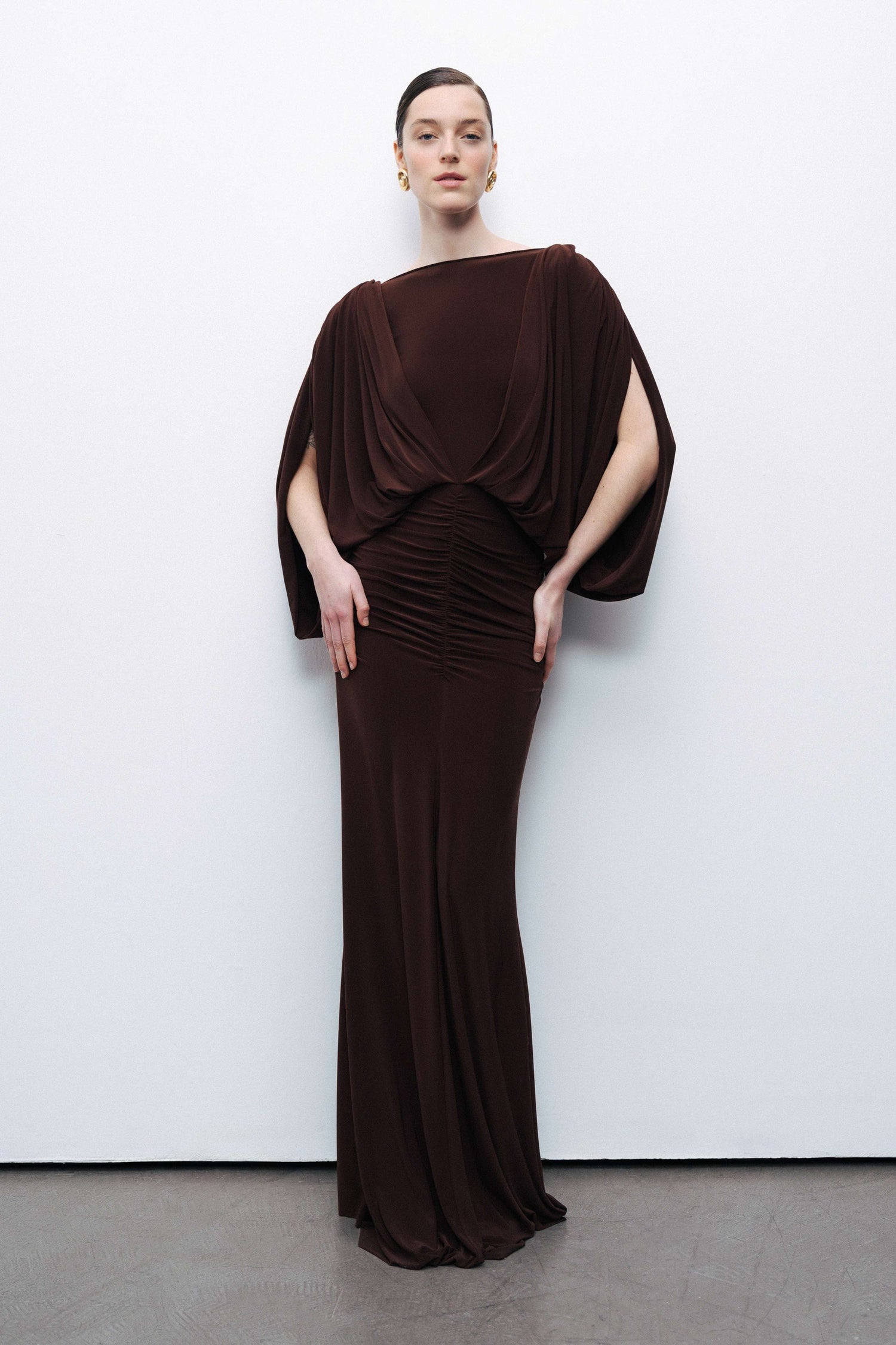Coffee Boat Neck Draped Maxi Dress