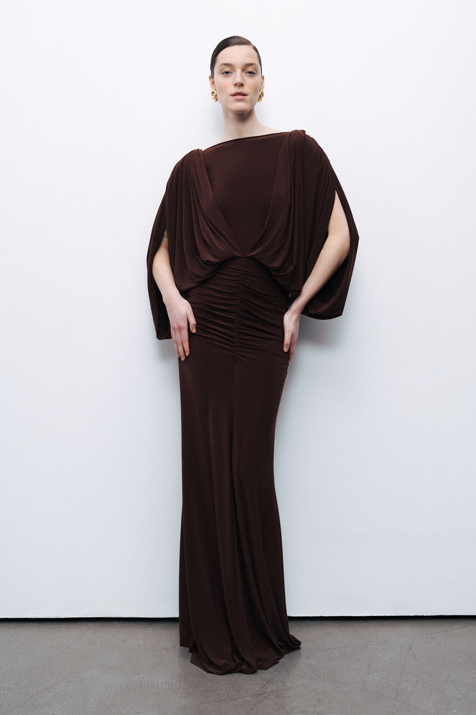 Coffee Boat Neck Draped Maxi Dress