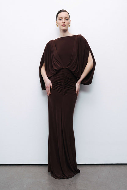 Coffee Boat Neck Draped Maxi Dress