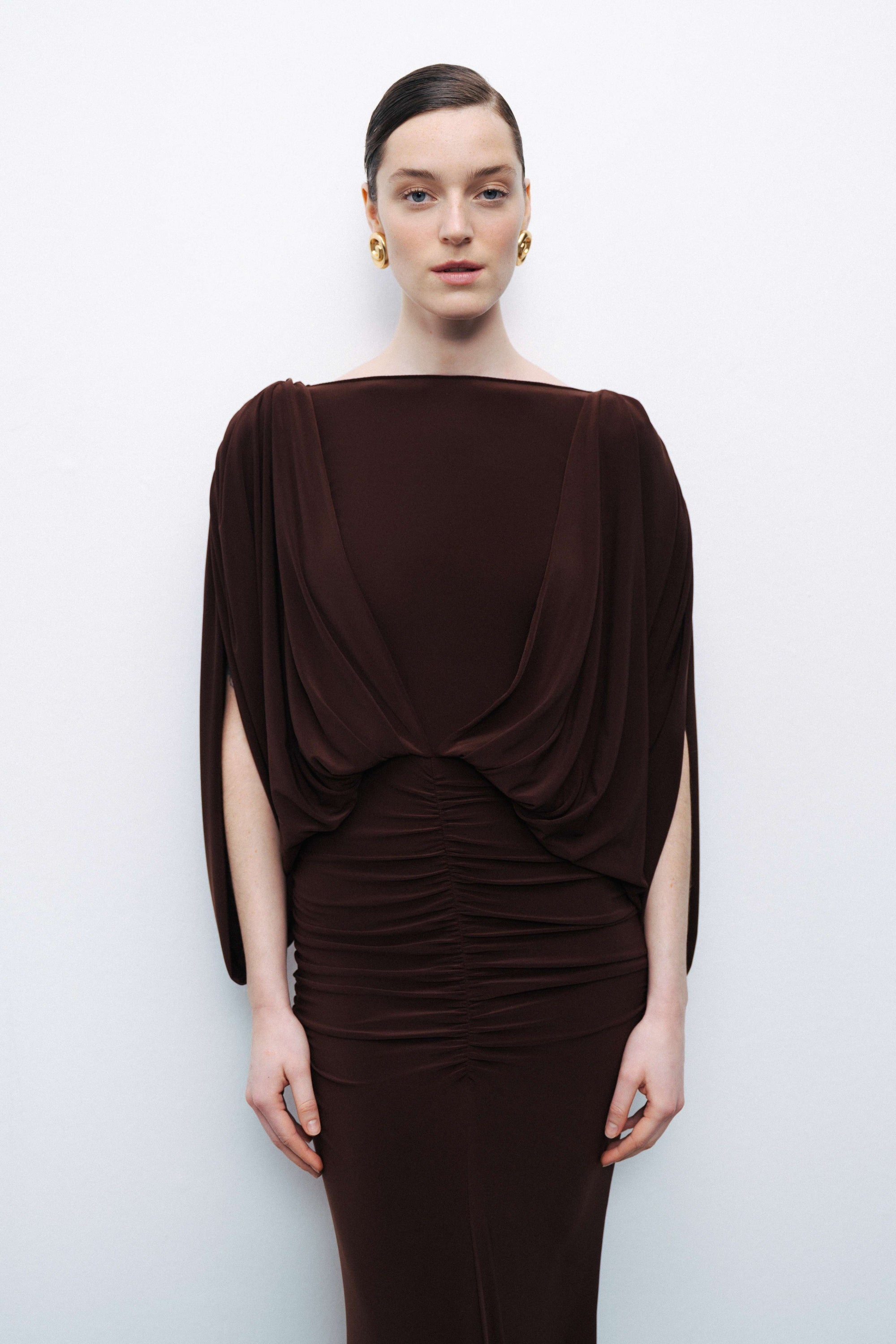 Coffee Boat Neck Draped Maxi Dress