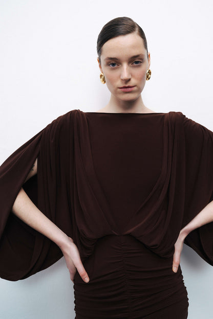 Coffee Boat Neck Draped Maxi Dress