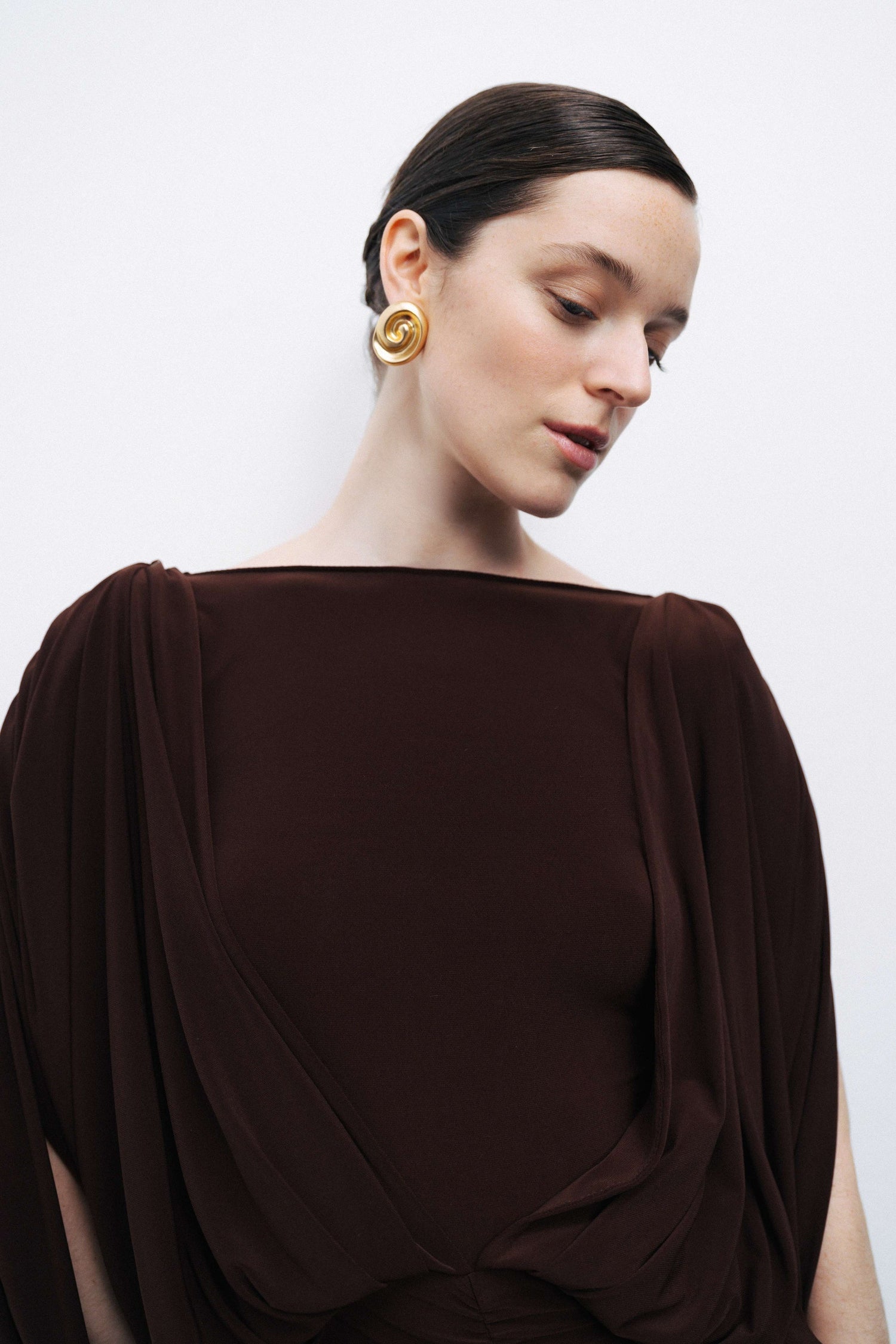 Coffee Boat Neck Draped Maxi Dress