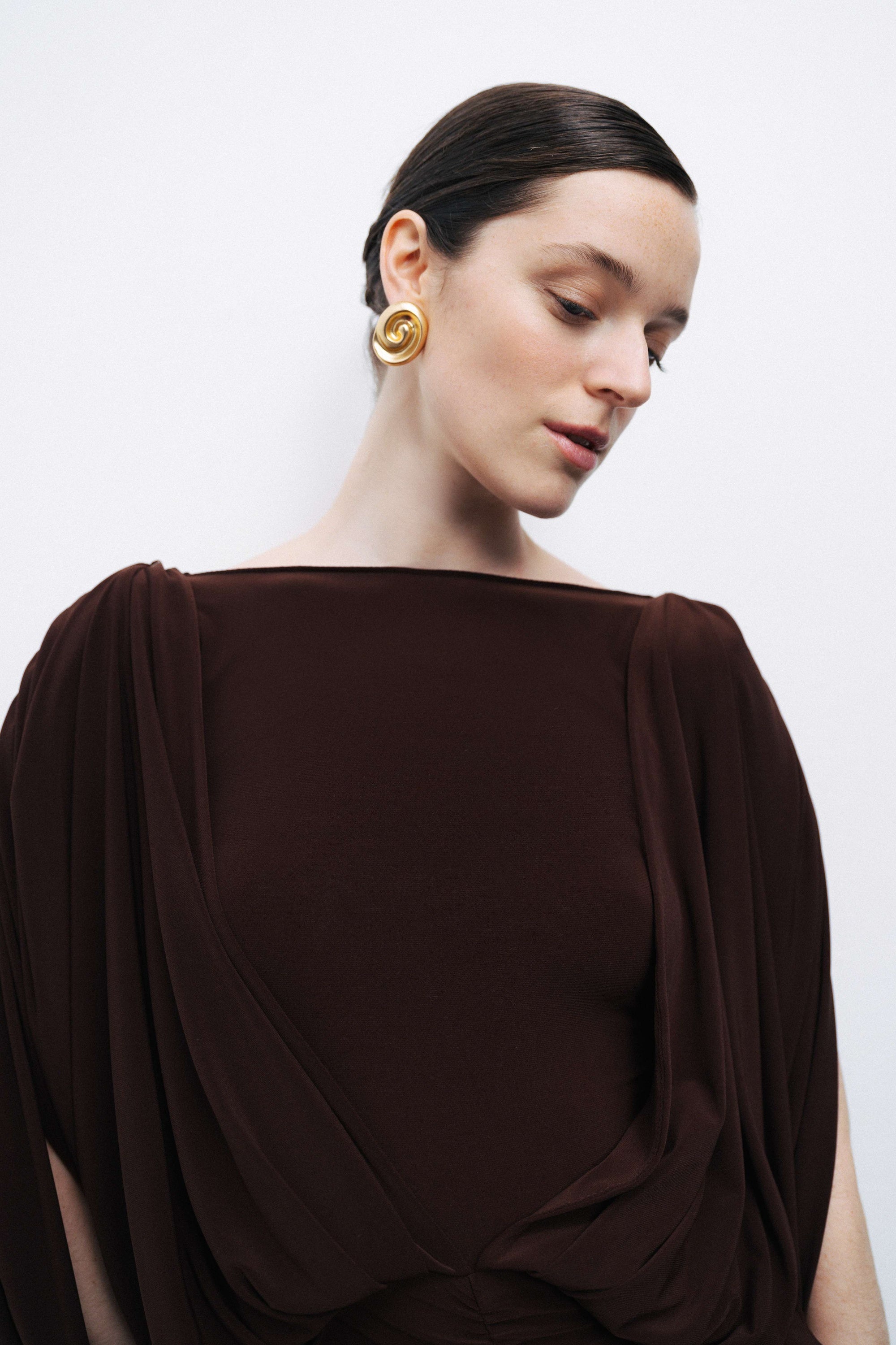 Coffee Boat Neck Draped Maxi Dress
