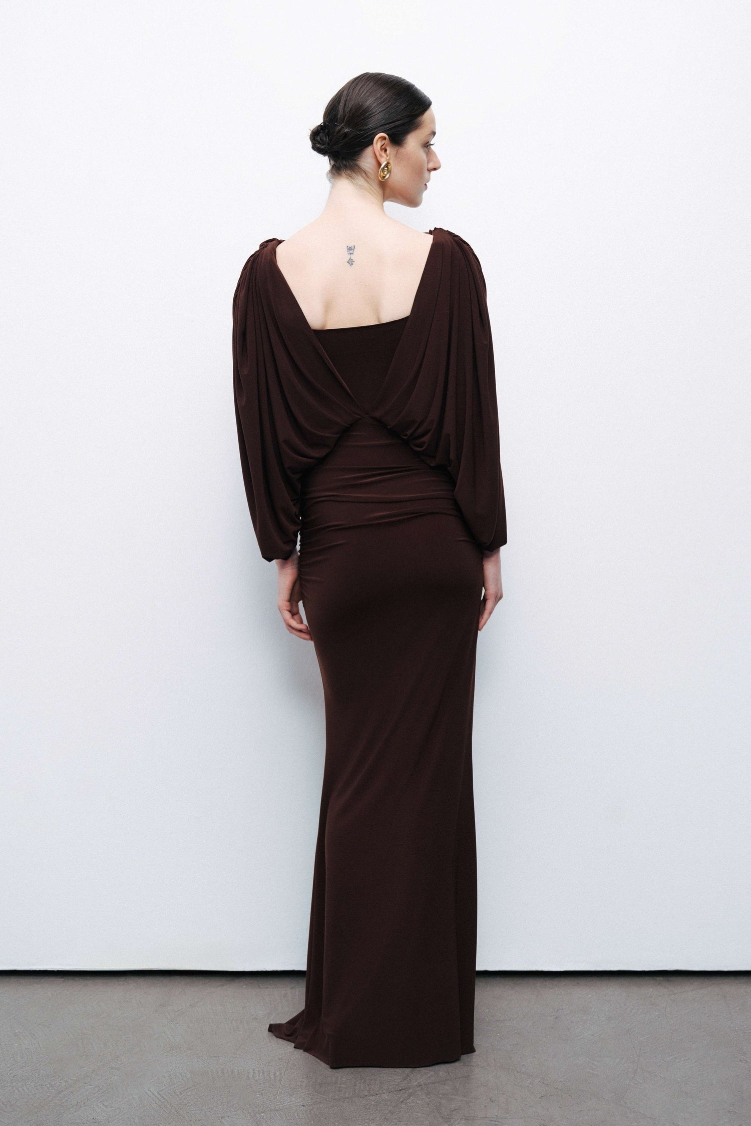 Coffee Boat Neck Draped Maxi Dress