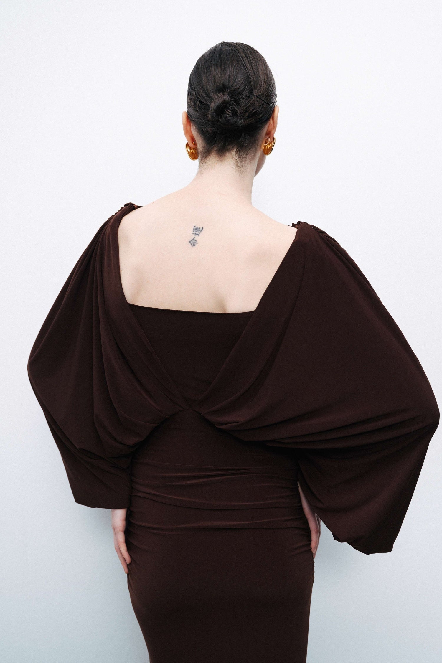 Coffee Boat Neck Draped Maxi Dress