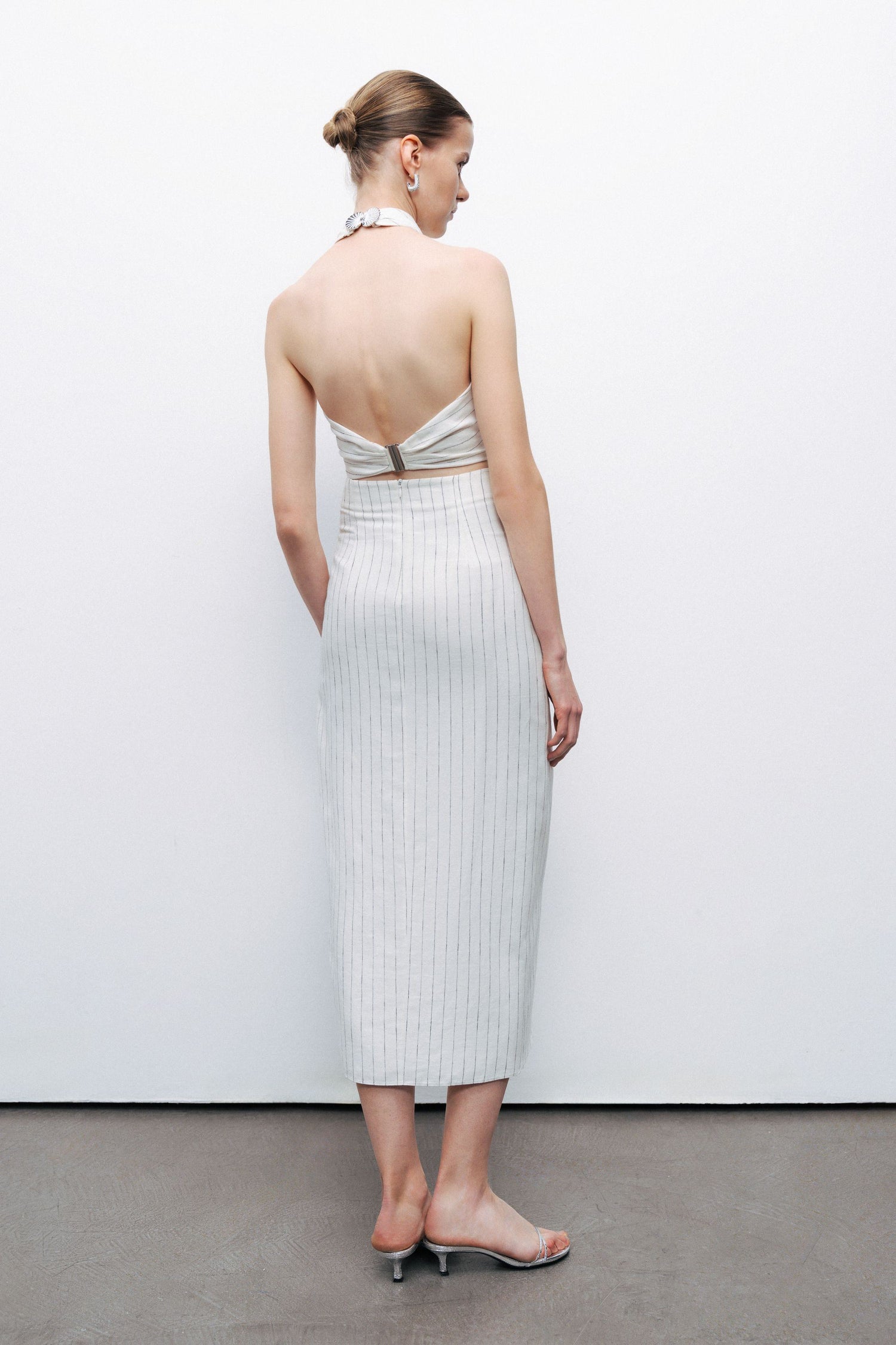 Ecru Linen Blend Halter Neck Blouse with Tie Detail