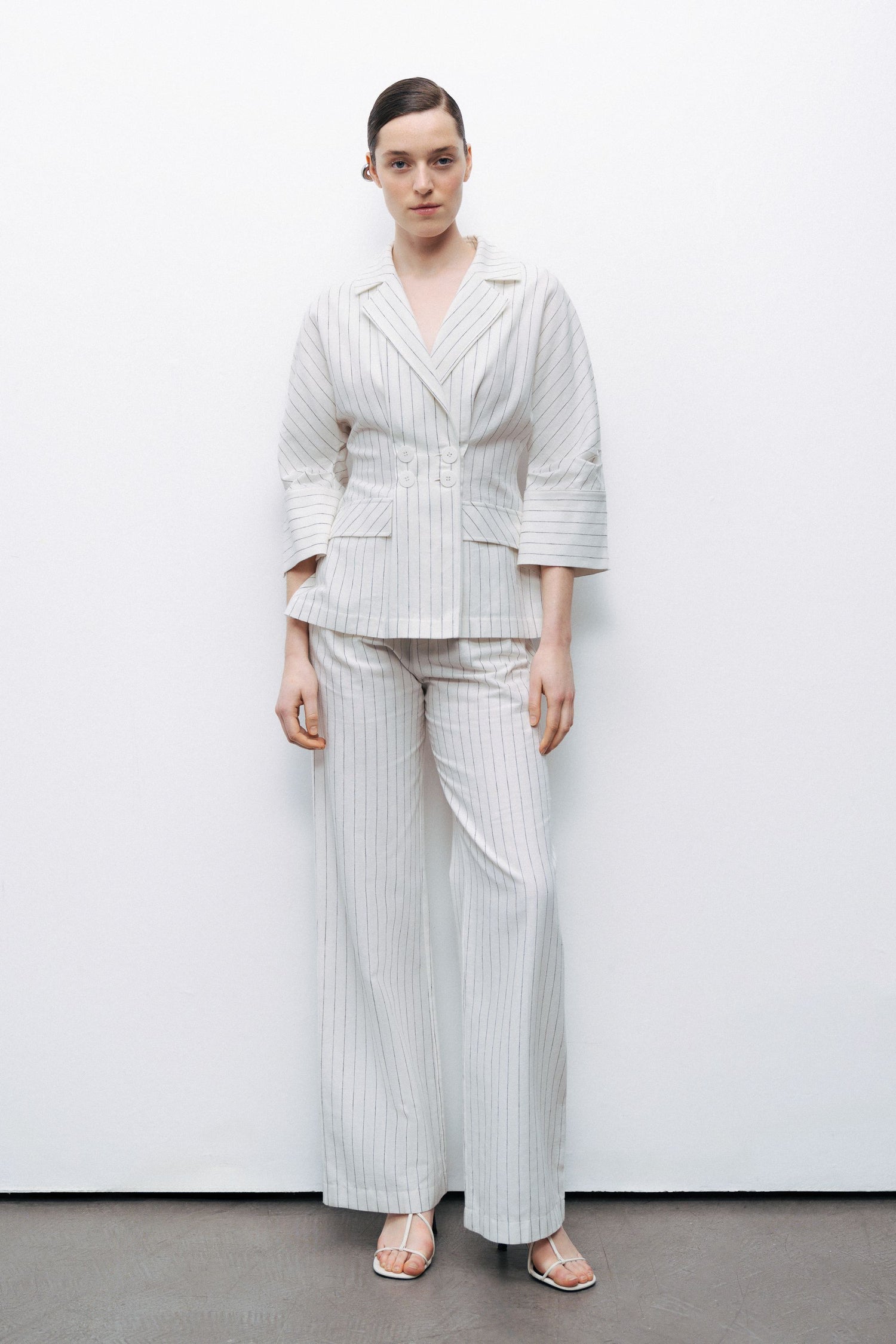 Ecru Striped Linen Blend Jacket