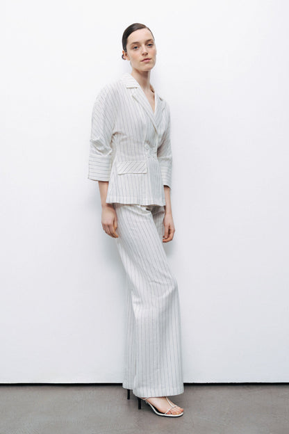 Ecru Striped Linen Blend Jacket