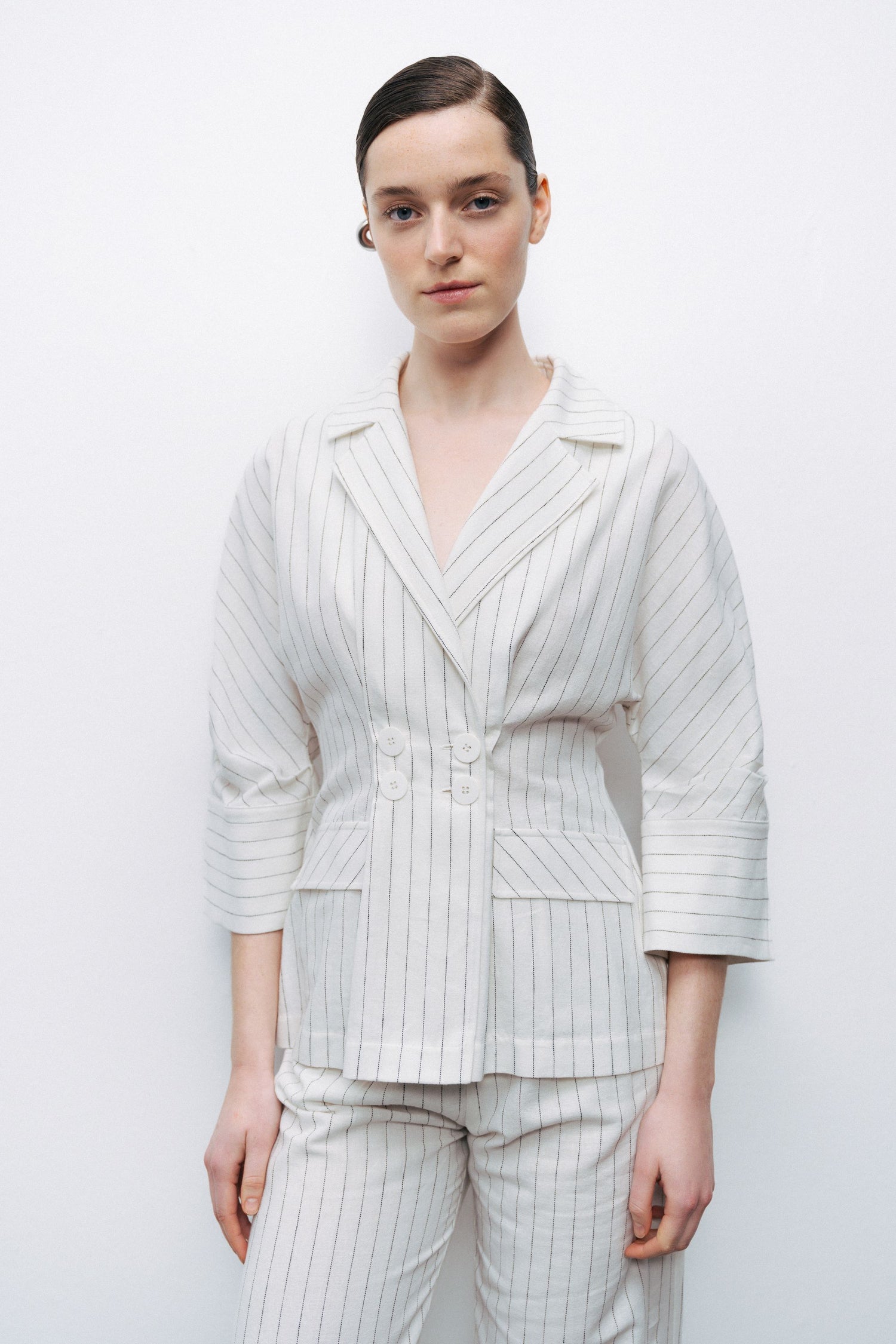 Ecru Striped Linen Blend Jacket