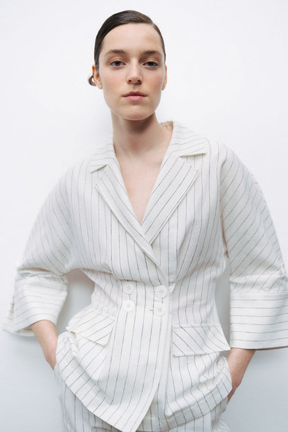 Ecru Striped Linen Blend Jacket