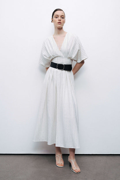Ecru Batwing Sleeve Belted Midi Dress
