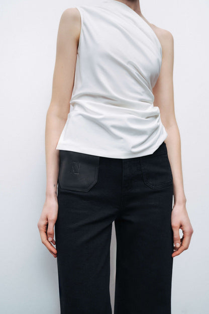 Ecru One Shoulder Shirred Detailed Blouse