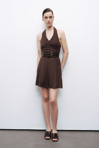Coffee Double Belt Detailed Halter Neck Mini Dress