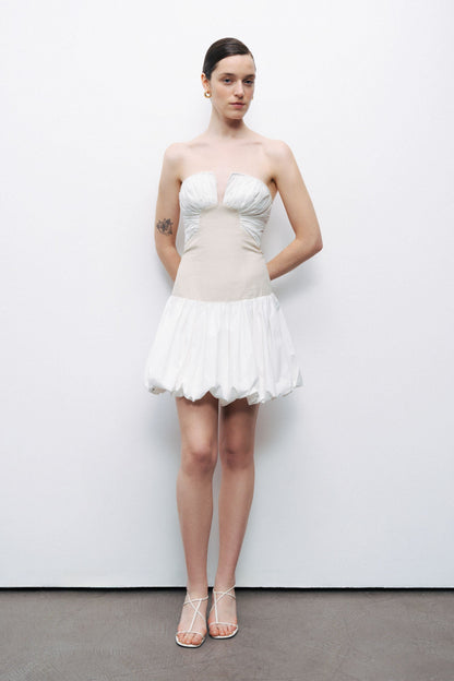 Ecru Strapless Bubble Skirt Mini Dress