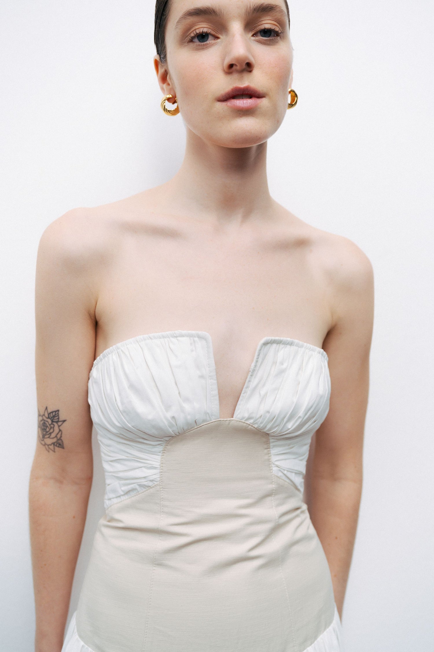 Ecru Strapless Bubble Skirt Mini Dress
