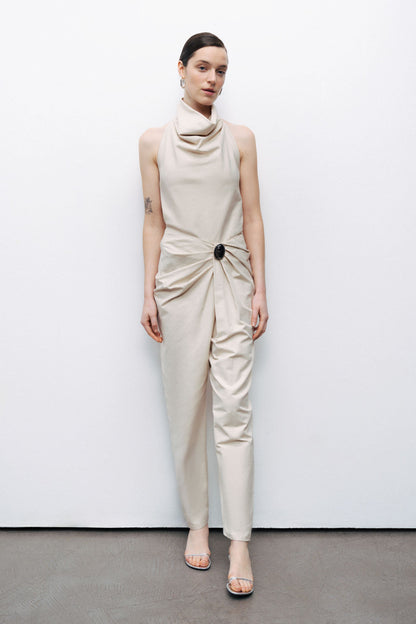 Beige Asymmetrical Draped Detail Bootcut Pants