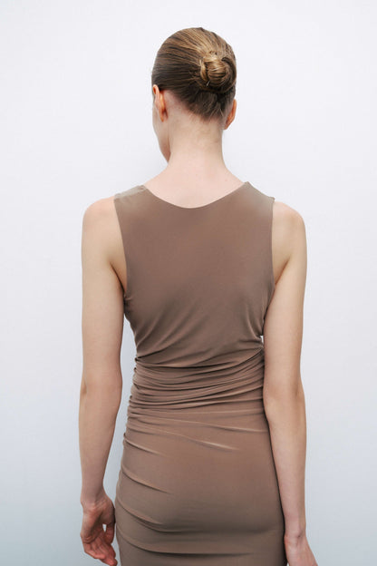 Coffee Maxi Dress with Gathered Detail