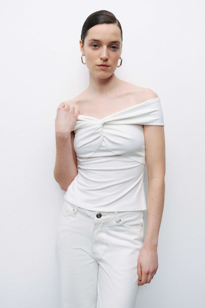 Ecru Twist Detail Open Shoulder Blouse