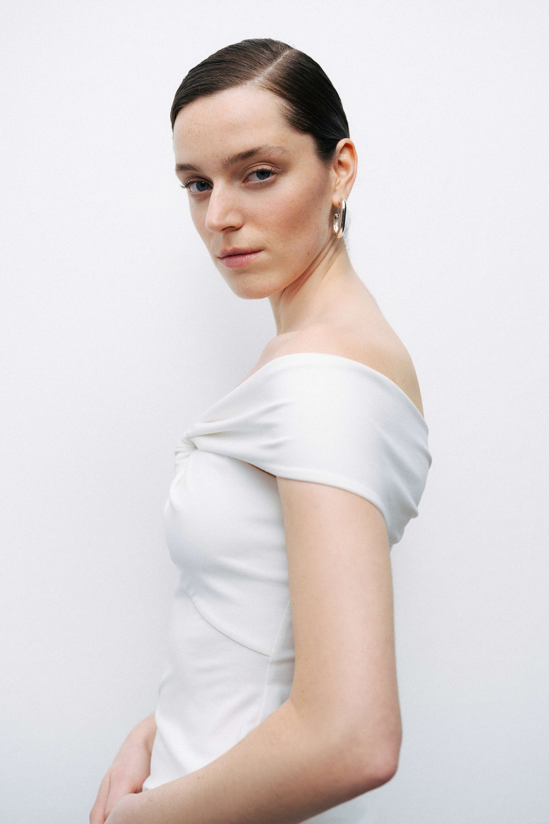 Ecru Twist Detail Open Shoulder Blouse