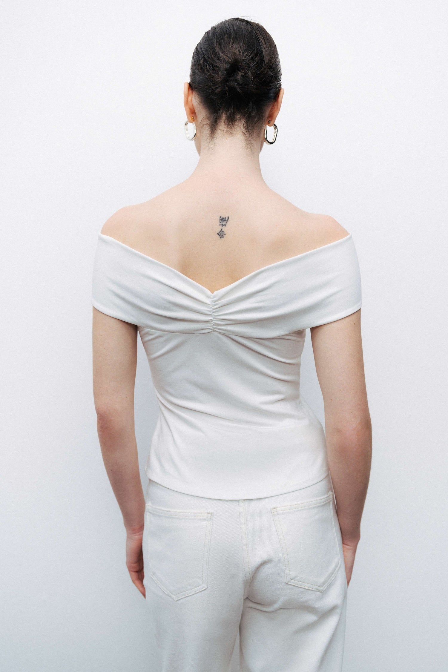 Ecru Twist Detail Open Shoulder Blouse