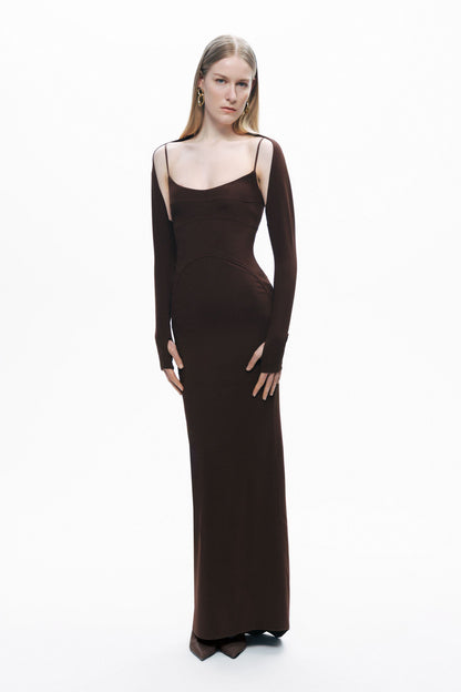 Brown Maxi Dress with Glove Accessory