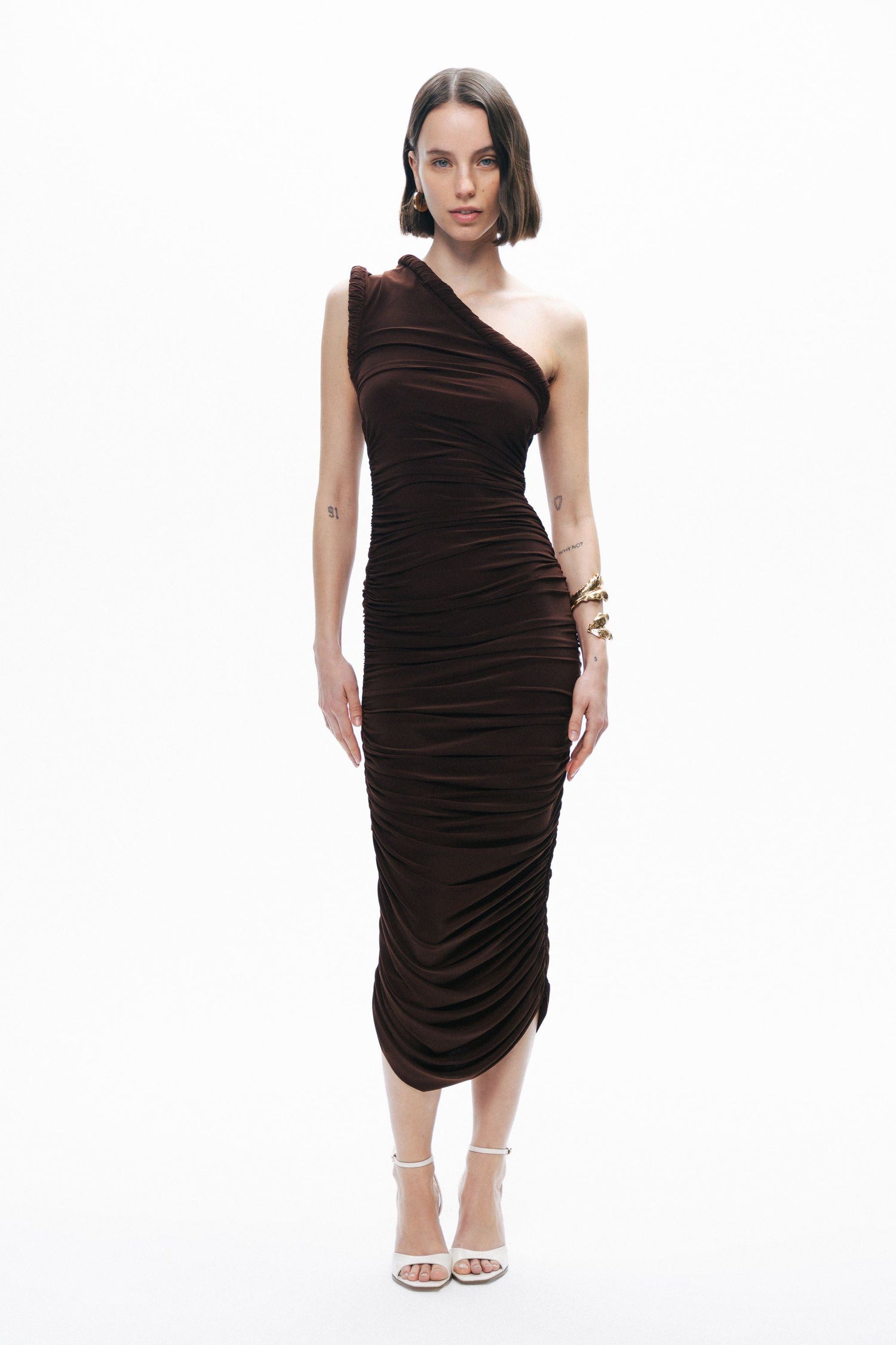 Brown Twist Detail One-Sleeve Maxi Dress
