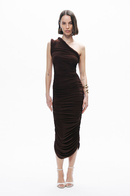 Brown Twist Detail One-Sleeve Maxi Dress