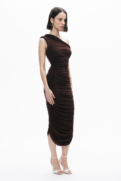 Brown Twist Detail One-Sleeve Maxi Dress