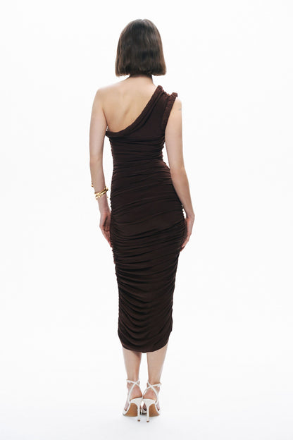 Brown Twist Detail One-Sleeve Maxi Dress