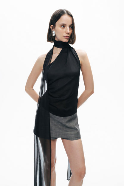 Black Shawl-Inspired Open Back Blouse
