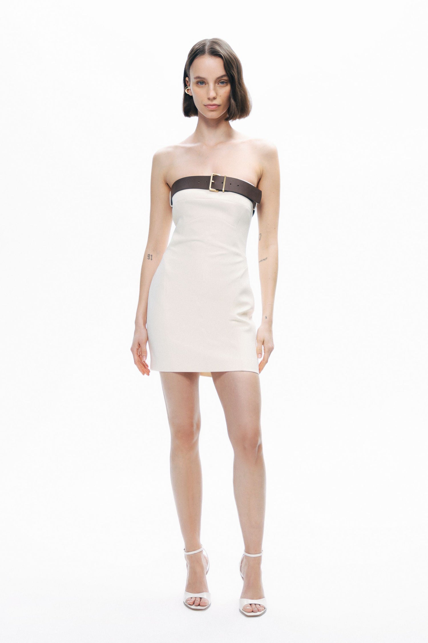 Beige Belt Detailed Mini Dress