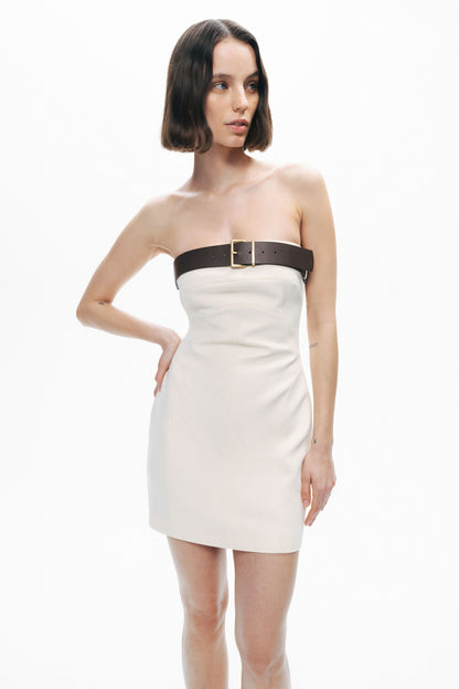 Beige Belt Detailed Mini Dress