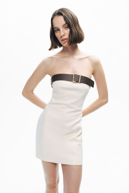 Beige Belt Detailed Mini Dress