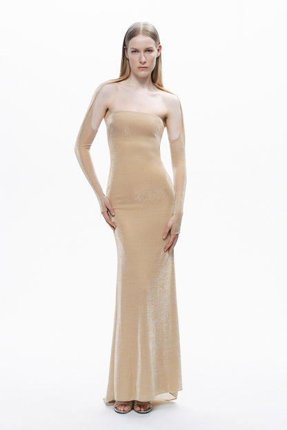 Gold Strapless Maxi Dress with Glove Accessory