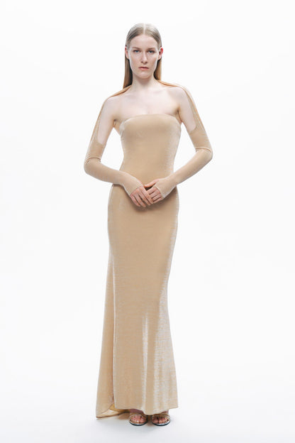 Gold Strapless Maxi Dress with Glove Accessory