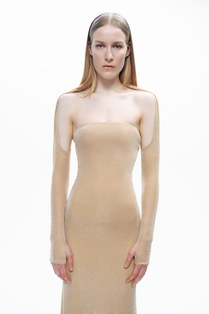 Gold Strapless Maxi Dress with Glove Accessory