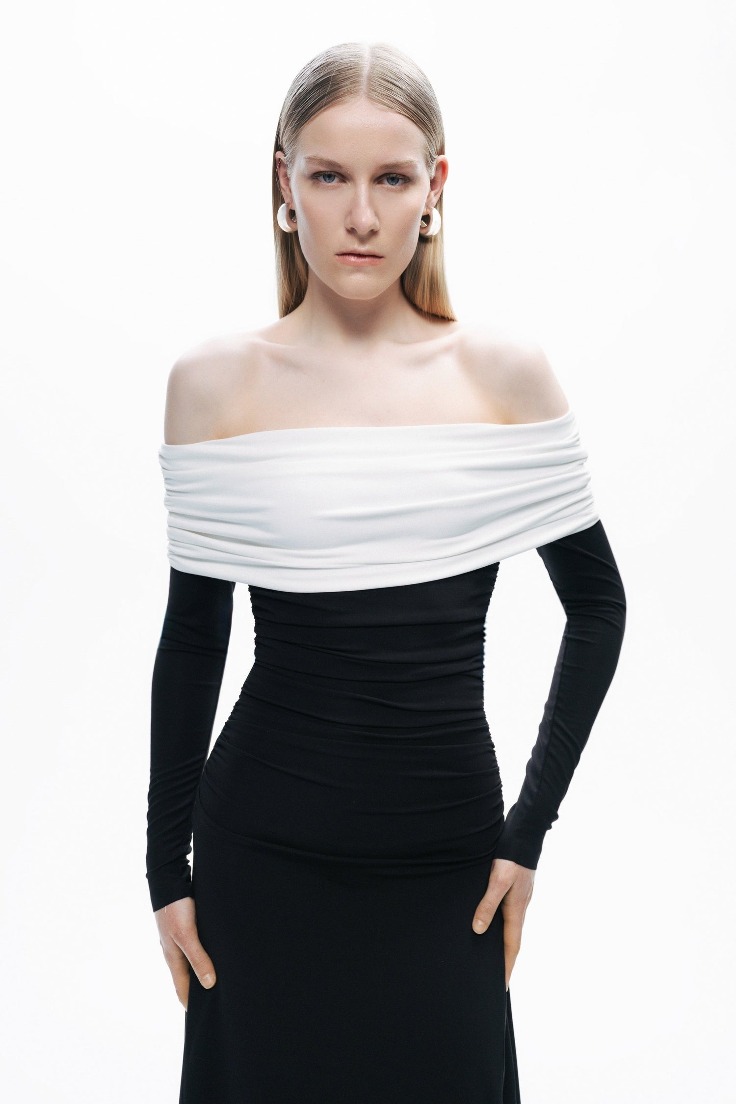 Black and White Open Shoulder Maxi Dress