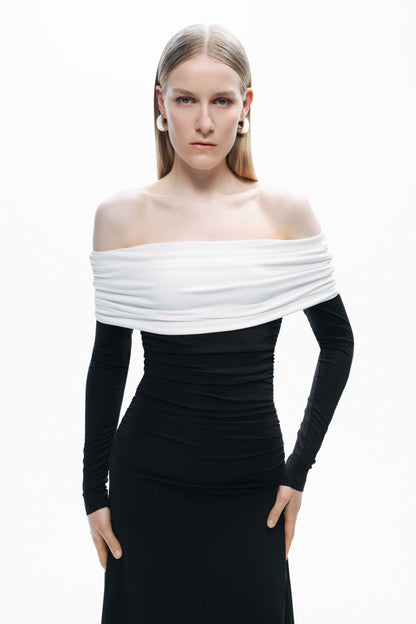 Black and White Open Shoulder Maxi Dress