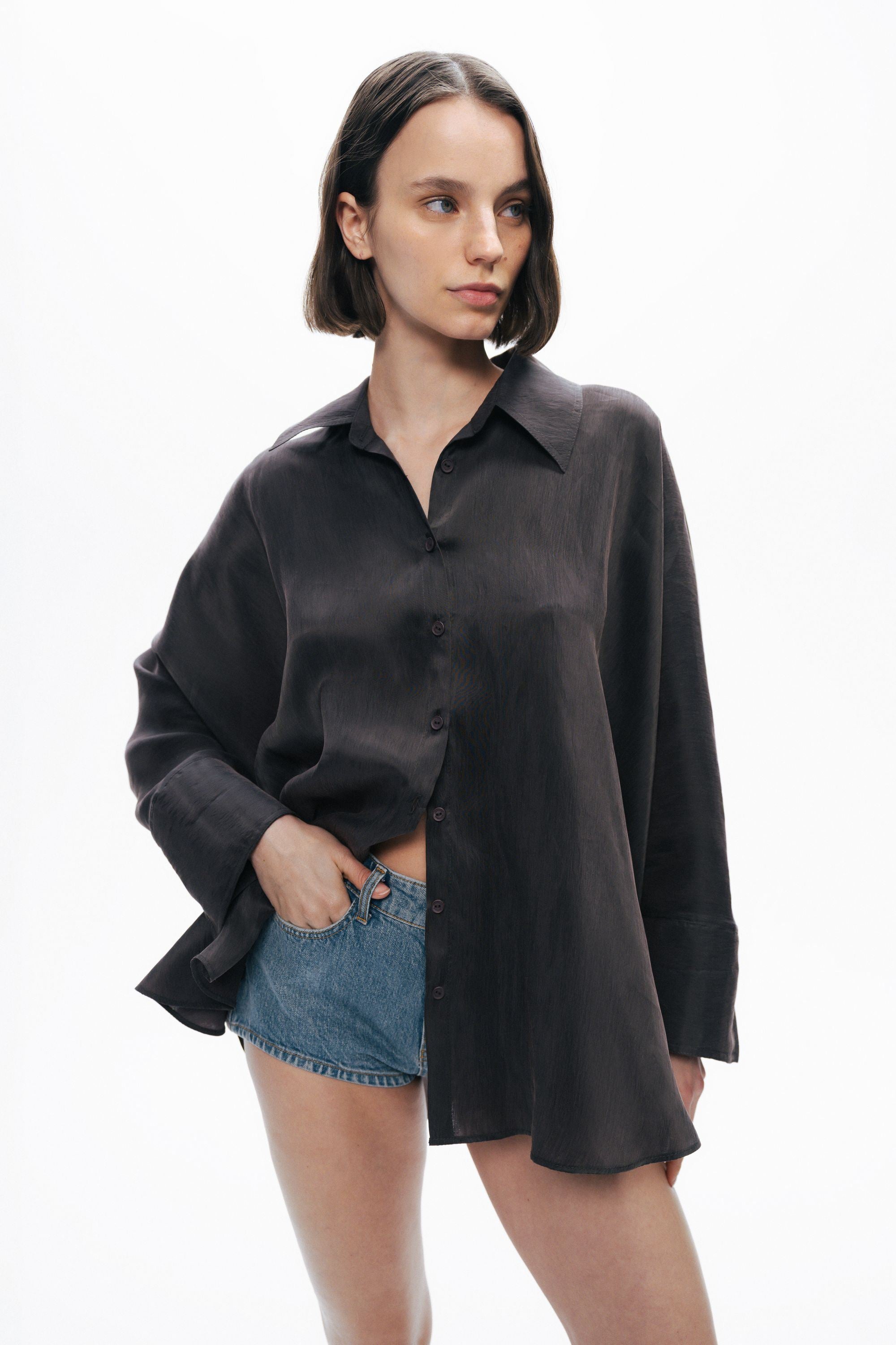 Anthracite Embroidered Flowy Shirt