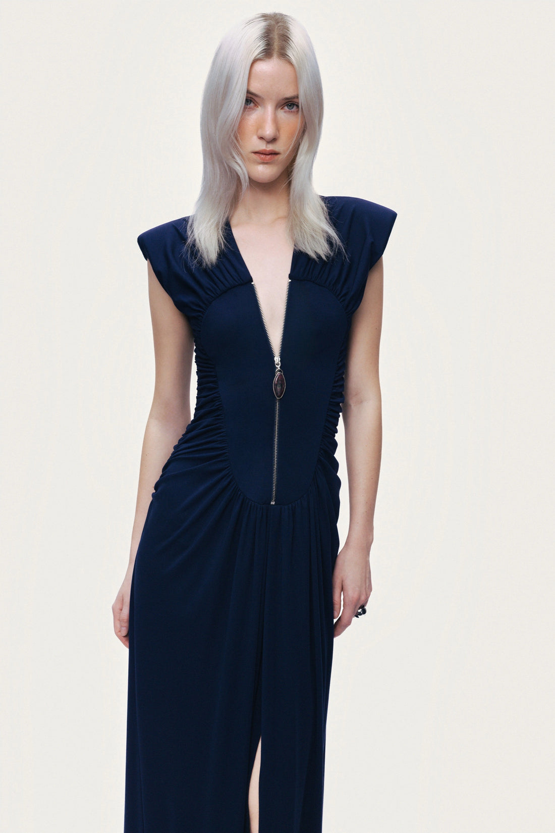 Zip-Front Draped Maxi Dress