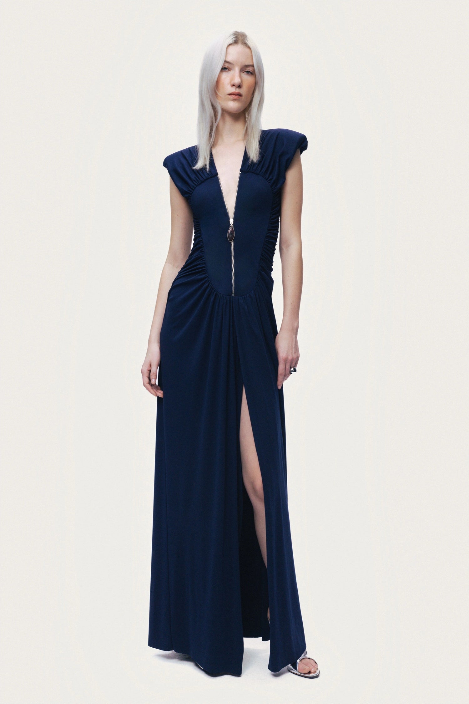 Zip-Front Draped Maxi Dress
