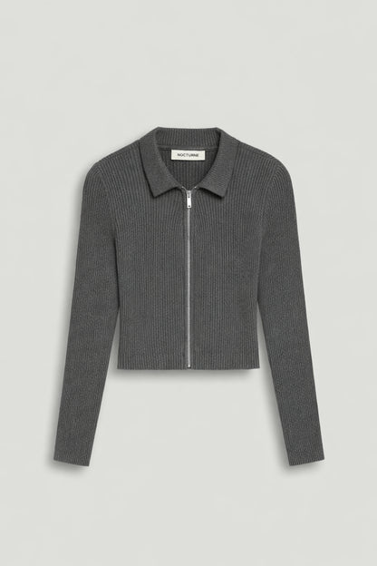 Zip-Front Ribbed Knit Top