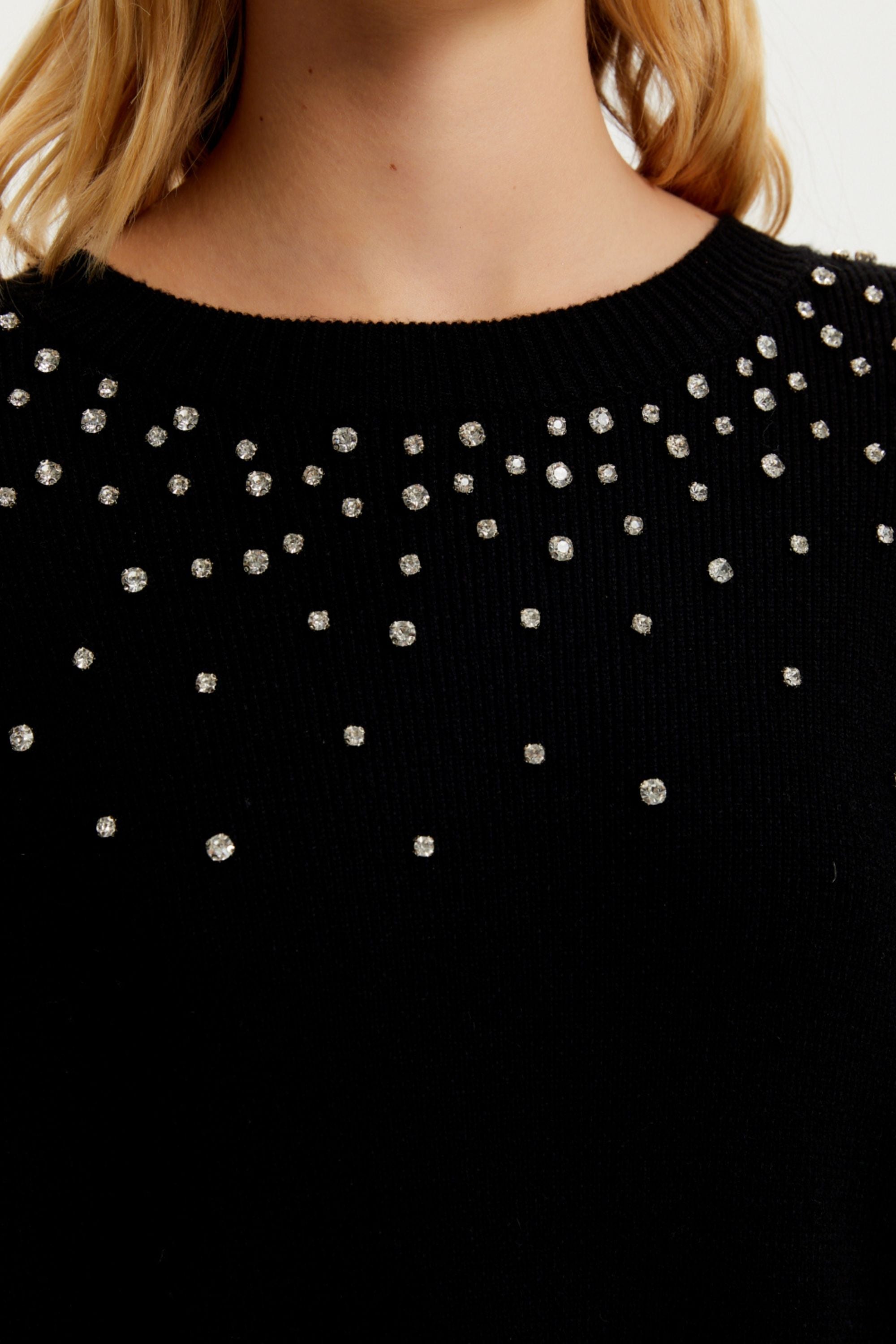 Crystal Stone Detailed Knit Sweater